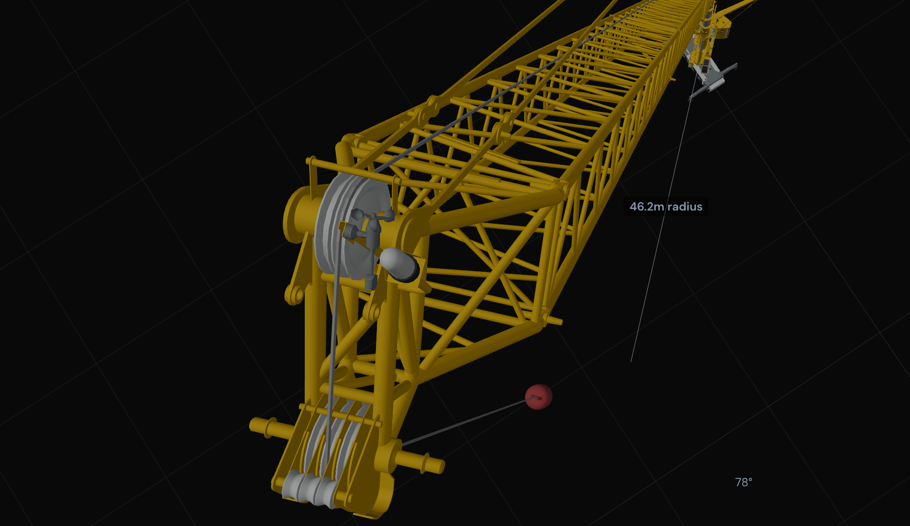 VisualQuip crane planner screenshot showing close boom detail, hook line and radius label in a dark 3D grid workspace